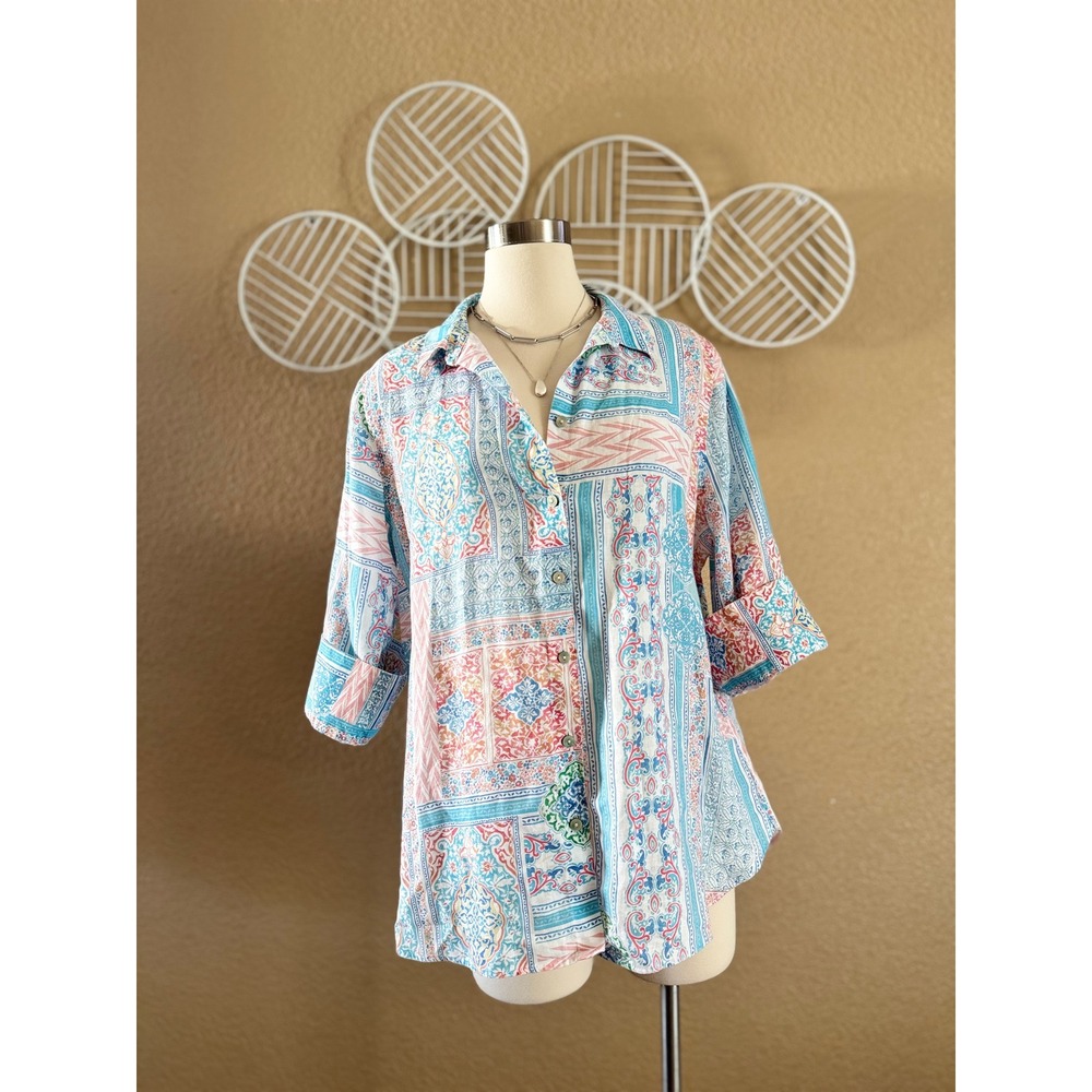 Chicos No Iron Linen Shirt Womens 2.5 L XL Patchwork Paisley 3/4 Sleeve Blouse